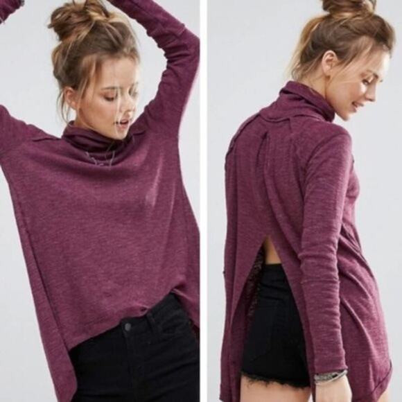 Free People Split Back Turtleneck Plum Purple Small S Long Sleeve Cotton Blend - Picture 9 of 9